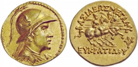 Greek Coins 
 Kings of Bactria. Eucratides I, circa 171-145 BC. Stater, Pushkalavati circa 170-145 BC, AV 8.47 g. 
 Description Draped bust r., wear...