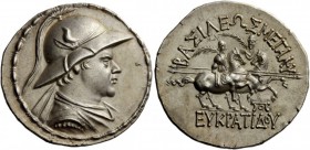 Greek Coins 
 Kings of Bactria, Eucratides I, circa 171-145 BC. Tetradrachm circa 165-145 BC,
 AR 16.96 g. 
 Description Diademed, draped, and cuir...