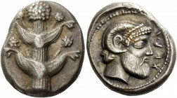 Greek Coins 
 Cyrenaica, Cyrene. Tetradrachm circa 480-435 BC, AR 16.39 g. 
 Description Silphium plant with two pairs of leaves and five umbels. Re...