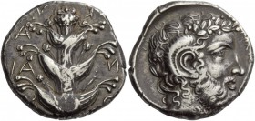 Greek Coins 
 Cyrenaica, Cyrene. Tetradrachm circa 390-380 BC, AR 13.47 g. 
 Description K–V/[P]–A/N/–AI/O–N (retrograde) Silphium plant with three ...