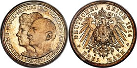 Anhalt-Dessau. Friedrich II Proof "Wedding" 3 Mark 1914-A PR67 PCGS, Berlin mint, KM30, J-24. Mintage: 1,000. An extremely low Proof mintage for the s...