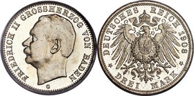 Baden. Friedrich II Proof 3 Mark 1908-G PR66 Cameo PCGS, Karlsruhe mint, KM280, J-39. A pristine survivor of this lower-mintage date, with delicate ch...
