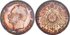 Baden. Friedrich II 3 Mark 1908-G MS66 PCGS, Karlsruhe mint, KM280, J-39. Lilac-tinged fields with elements of red and blue at the legends result in a...