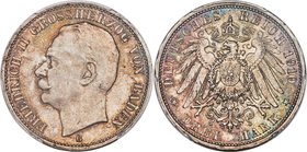 Baden. Friedrich II 3 Mark 1910-G MS66 PCGS, Karlsruhe mint, KM280, J-39. Only one example has certified finer at NGC, however this is by far the fine...
