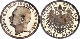 Baden. Friedrich II Proof 3 Mark 1912-G PR67 Cameo NGC, Karlsruhe mint, KM280, J-39. A sleek selection that stands in a league all of its own, existin...