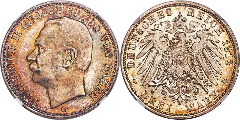Baden. Friedrich II 3 Mark 1912-G MS67 NGC, Karlsruhe mint, KM280. Colorfully to...