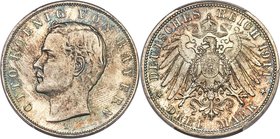 Bavaria. Otto 3 Mark 1911-D MS66 PCGS, Munich mint, KM996, J-47. Mottled tone resides in the fields, evolving to cerulean iridescence at the legends. ...