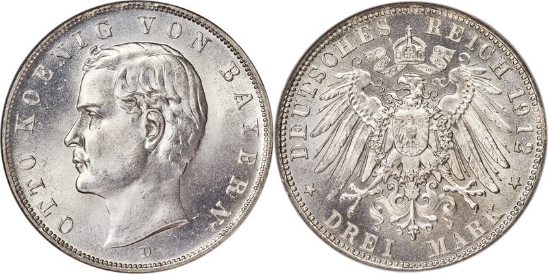 Bavaria. Otto 3 Mark 1912-D MS65 NGC, Munich mint, KM996, J-47. Blast white, wit...