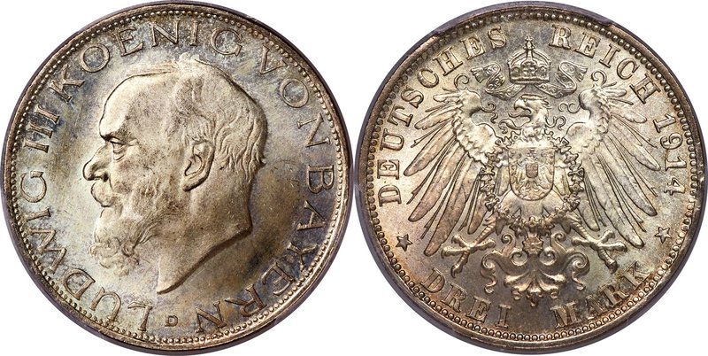 Bavaria. Ludwig III 3 Mark 1914-D MS66 PCGS, Munich mint, KM1005, J-52. With the...