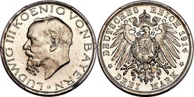 Bavaria. Ludwig III Proof 3 Mark 1914-D PR65 Cameo, Munich mint, KM1005, J-52. Dressed in a regal silver patina, with sparkling flow lines seen throug...