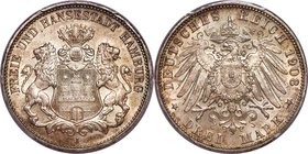Hamburg. Free City 3 Mark 1908-J MS67 PCGS, Hamburg mint, KM620, J-64. Boldly struck, consequentially every brick and minor detail appears fully reali...