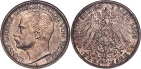 Hesse-Darmstadt. Ernst Ludwig "25th Year Jubilee" 3 Mark 1910-A MS64 NGC, Berlin mint, KM375, J-76. Dappled with graphite tone over a light grey-brown...