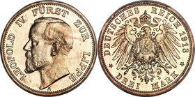 Lippe-Detmold. Leopold IV Proof 3 Mark 1913-A PR66 Cameo PCGS, Berlin mint, KM275, J-79. A mirrored jewel colored in fine champagne tone with every fe...