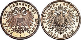 Lübeck. Free City Proof 3 Mark 1908-A PR67 Cameo PCGS, Berlin mint, KM215, J-82. A glowing gem displaying remarkable condition for the type, a pale co...