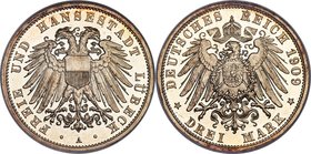 Lübeck. Free City Proof 3 Mark 1909-A PR66 Ultra Cameo NGC, Berlin mint, KM215, J-82. Supremely detailed in Proof format, the devices standing in star...