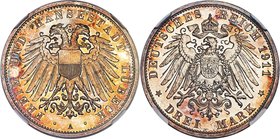 Lübeck. Free City Proof 3 Mark 1911-A PR66 Cameo NGC, Berlin mint, KM215, J-82. Displaying scintillating and reflective fields layered in deep honeyed...