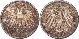 Lübeck. Free City 3 Mark 1914-A MS67 PCGS, Berlin mint, KM215, J-82. Well-defined due to a sound strike, with a delicate and slightly mottled silvery ...