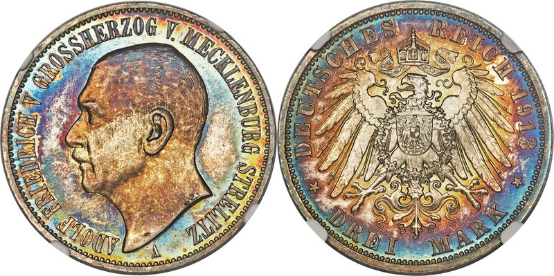 Mecklenburg-Strelitz. Adolph Friedrich V Proof 3 Mark 1913-A PR65 NGC, Berlin mi...