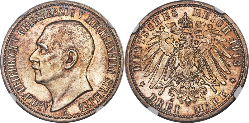 Mecklenburg-Strelitz. Adolph Friedrich V 3 Mark 1913-A MS64 NGC, Berlin mint, KM...
