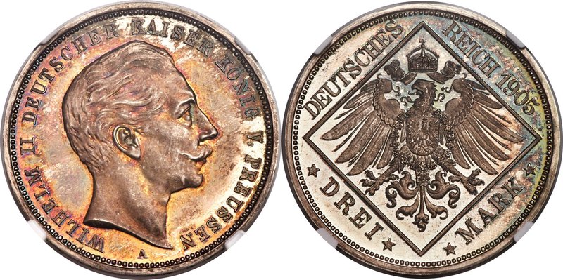 Prussia. Wilhelm II silver Proof Pattern 3 Mark 1905-A PR66 NGC, Berlin mint, Sc...