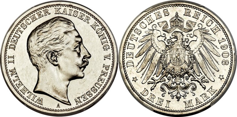 Prussia. Wilhelm II Proof 3 Mark 1908-A PR67 Cameo PCGS, Berlin mint, KM527, J-1...
