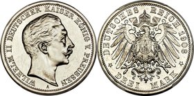 Prussia. Wilhelm II Proof 3 Mark 1908-A PR67 Cameo PCGS, Berlin mint, KM527, J-103. Clear and flashy in the fields, with sufficient frost over the Kai...
