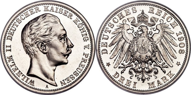 Prussia. Wilhelm II Proof 3 Mark 1908-A PR67 NGC, Berlin mint, KM527, J-103. Pri...