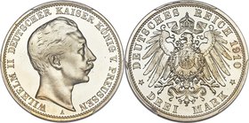 Prussia. Wilhelm II Proof 3 Mark 1910-A PR66 Deep Cameo PCGS, Berlin mint, KM527, J-103. Of impeccable quality owing to both its laudable degree of pr...