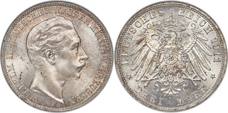 Prussia. Wilhelm II 3 Mark 1911-A MS65 NGC, Berlin mint, KM527. J-103. This gem-...