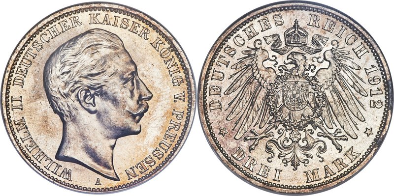 Prussia. Wilhelm II 3 Mark 1912-A MS66 NGC, Berlin mint, KM527, J-103. Displayin...