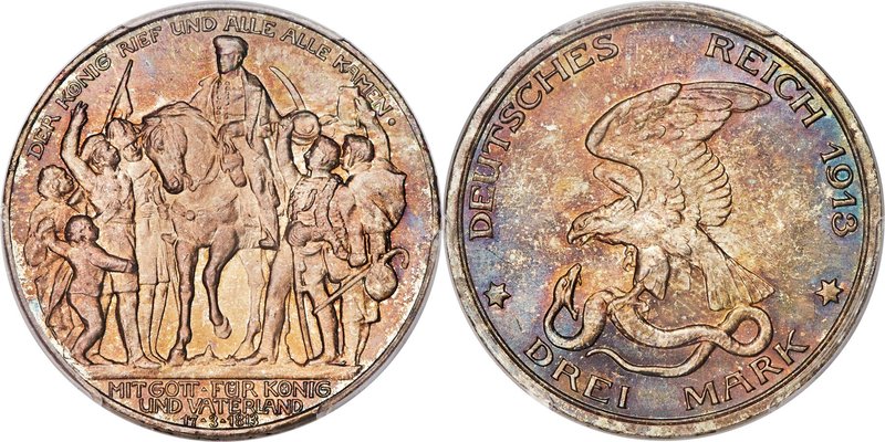 Prussia. Wilhelm II "Napoleon's Defeat" 3 Mark 1913-A MS67 PCGS, Berlin mint, KM...