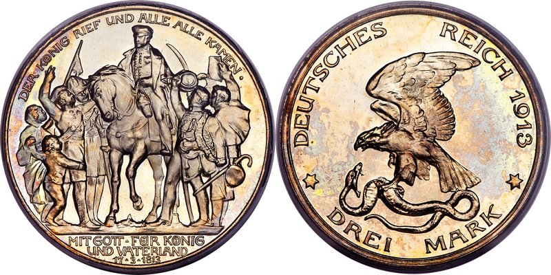 Prussia. Wilhelm II Proof "Napoleon's Defeat" 3 Mark 1913-A PR66 PCGS, Berlin mi...