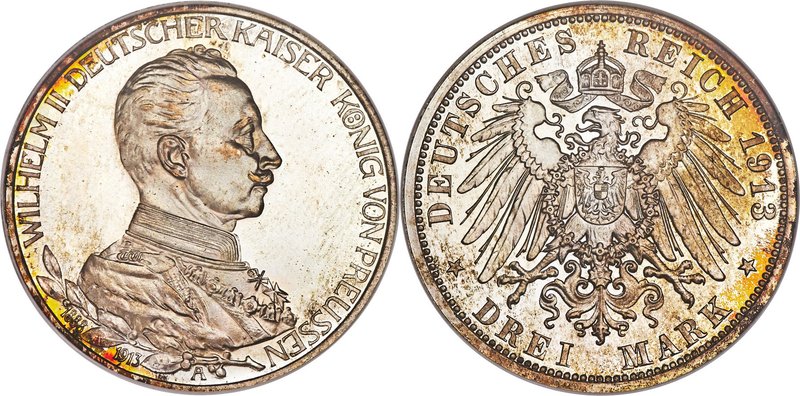 Prussia. Wilhelm II Proof 3 Mark 1913-A PR67 NGC, Berlin mint, KM535, J-112. Edg...