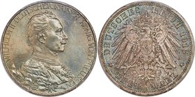 Prussia. Wilhelm II 3 Mark 1913-A MS67 PCGS, Berlin mint, KM535, J-112. Enticing aquamarine tone accentuates both sides of this steel-gray offering, s...