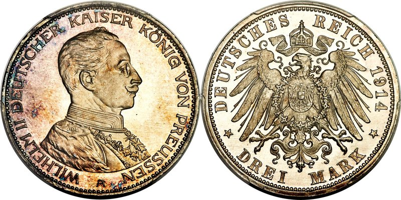 Prussia. Wilhelm II 3 Mark 1914-A MS67 PCGS, Berlin mint, KM538, J-113. A superb...