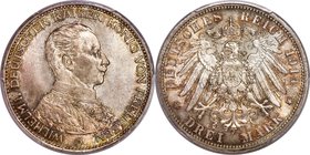 Prussia. Wilhelm II 3 Mark 1914-A MS66 PCGS, Berlin mint, KM538, J-113. Nearly flawless, this handsomely toned specimen displays every detail prominen...