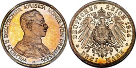 Prussia. Wilhelm II Proof 3 Mark 1914-A PR65+ Cameo PCGS, Berlin mint, KM538, J-113. A notoriously difficult issue in gem Proof, peachy topaz centers ...