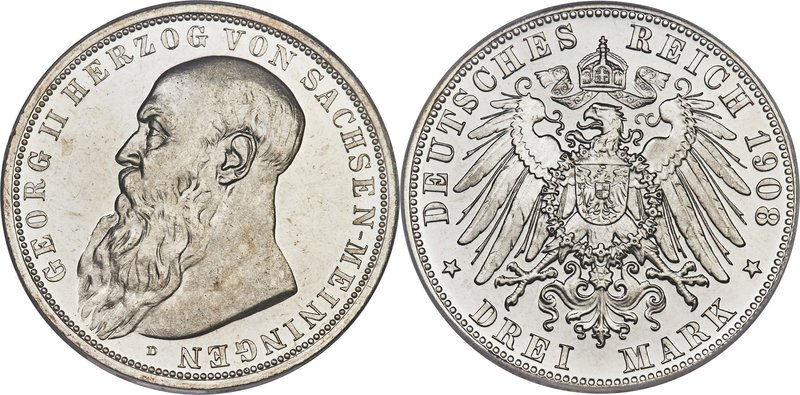 Saxe-Meiningen. Georg II Proof 3 Mark 1908-D PR66 Deep Cameo PCGS, Munich mint, ...