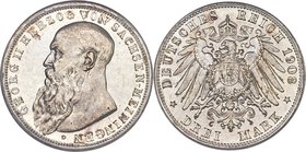 Saxe-Meiningen. Georg II Proof 3 Mark 1908-D PR66+ Cameo PCGS, Munich mint, KM203, J-152. Extremely lustrous and mirrored fields, with a pleasing fros...