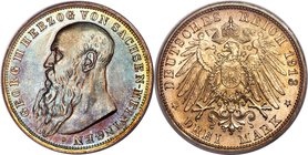 Saxe-Meiningen. Georg II 3 Mark 1913-D MS66 PCGS, Munich mint, KM203, J-152. A glowing example awash in lime and seafoam obverse iridescence, outlined...