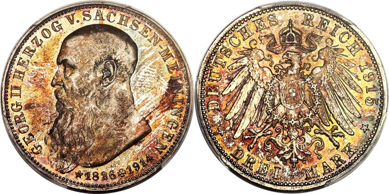 Saxe-Meiningen. Bernhard III "Death of Georg II" 3 Mark 1915 MS67 PCGS, Munich m...