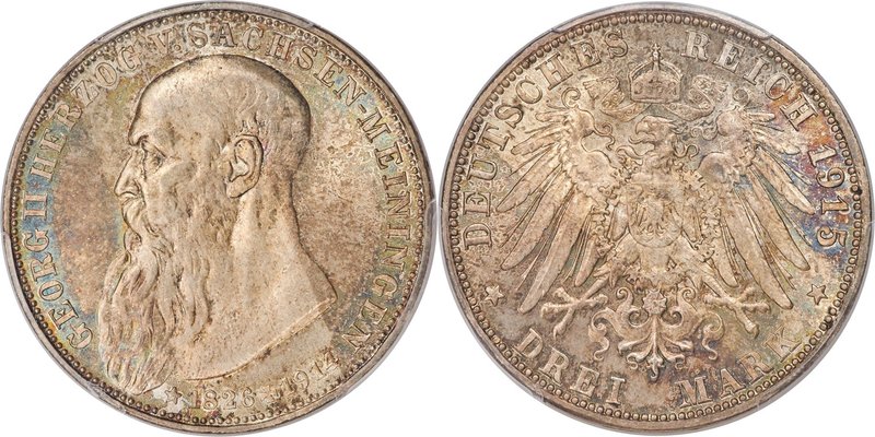 Saxe-Meiningen. Bernhard III "Death of Georg II" 3 Mark 1915 MS66 PCGS, Munich m...