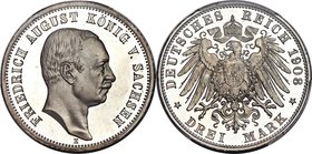 Saxony. Friedrich August III Proof 3 Mark 1908-E PR66 Deep Cameo PCGS, Muldenhutten mint, KM1267, J-135. Notable as a scarcer date within the series, ...