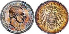 Saxony. Friedrich August III 3 Mark 1910-E MS66 PCGS, Muldenhutten mint, KM1267, J-135. Gorgeous at every turn, the obverse contains shades of darkene...