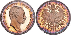 Saxony. Friedrich August III Proof 3 Mark 1910-E PR65 Ultra Cameo NGC, Muldenhutten mint, KM1267, J-135. Warmly toned throughout with blues providing ...