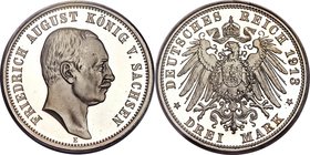 Saxony. Friedrich August III Proof 3 Mark 1913-E PR66 Deep Cameo PCGS, Muldenhutten mint, KM1267, J-135. Fully white and superbly mirrored with a mesm...
