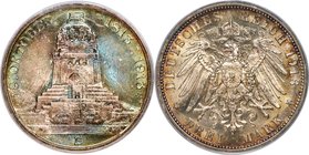 Saxony. Friedrich August III "Battle of Leipzig" 3 Mark 1913-E MS67 PCGS, Muldenhutten mint, KM1275, J-140. Boldly patinated with shades of darkened t...