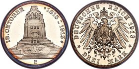 Saxony. Friedrich August III Proof "Battle of Leipzig" 3 Mark 1913-E PR65 Deep Cameo PCGS, Muldenhutten mint, KM1275, J-140. Impressively reflective i...