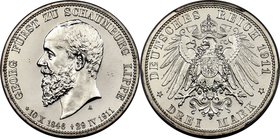 Schaumburg-Lippe. Albrecht Georg Proof 3 Mark 1911-A PR66+ Cameo PCGS, Berlin mint, KM55, J-166. Slightly frosted devices contrast strongly against sh...
