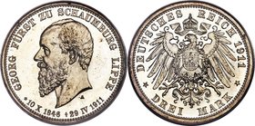 Schaumburg-Lippe. Albrecht Georg Proof 3 Mark 1911-A PR65 Cameo PCGS, Berlin mint, KM55, J-166. Every hair and beard detail is expressed with complete...